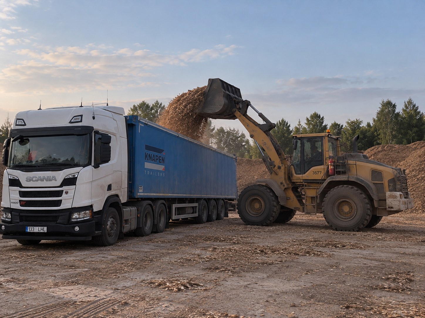 Laadur laadib hakkepuitu Scania veokisse